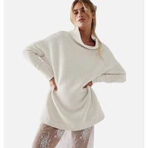 Free People Ribbed Cowl Neck Oversized Sweater Lagenlook Boho Chic Tunic Size L